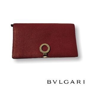 Bulgari (Authentic) Dark Red Leather Bi-fold Long Wallet w/ Silver Emblem EUC